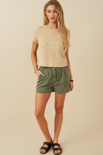 HY8216 Womens Studded Star Patch Textured Knit T Shirt Gif